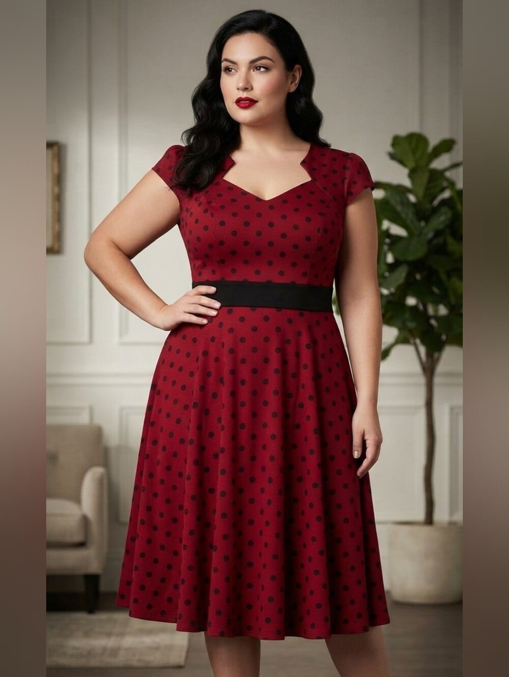 Yellow Star Red Black Polka Dot Midi Dress V-Notch Cap Sleeve Plus Size 2X